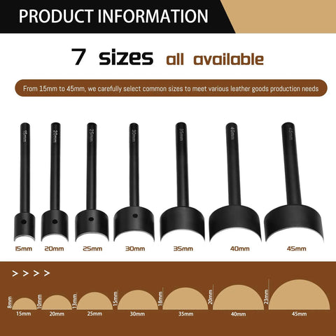 Chart showing 7 Piece Leather Punch Set 15mm To 45mm Corner And Half Round Holes Kit For Belts Wallets And Bags sizes.