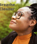 Person enjoying fresh air outdoors with "Breathe Cleaner" text, promoting MERV 8 Pleated Replacement Air Filter 14x18x1 for AC and Furnace.