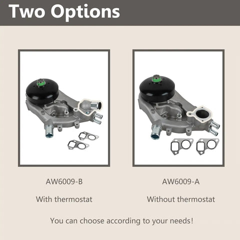 Hardened Built Tough Water Pump Kit With Coolant Thermostat And Gasket For Chevy Gmc Cadillac Escalade Hummer H2 H3 Saab 97X Aw6009, showing options with and without thermostat.