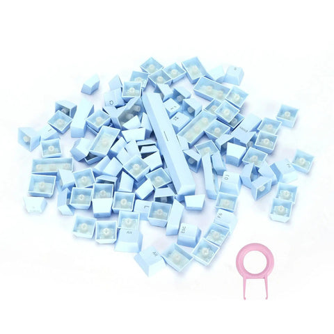 Premium PBT Keycaps With Dope Colorway And Ergonomic Arc Fit Smooth Typing Feel Hella Durable Oil Resistant Texture Perfect 108 Keys Layout For Gaming Rigs And Productivity Workstations In Light Blue Finish displayed in a pile with key puller.