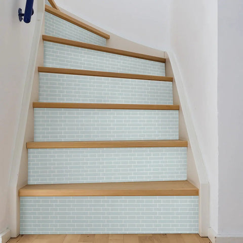 Wooden staircase with Sea Glass Peel And Stick Backsplash Tiles Blue 10.5 Inch By 10.5 Inch Four Panels Self Adhesive Easy To Install