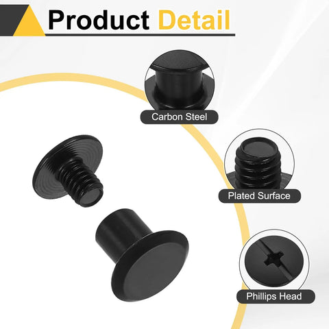 50 Piece Black Chicago Screw Kit M4 X 8mm Precision Carbon Steel Phillips Binding Hardware showing black screws with plated surfaces.