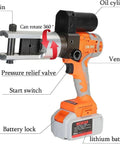 Pro Level Kick Butt Electric Hydraulic Crimping Tool With Rechargeable 18V Lithium Battery, showing 360 degree rotating head and battery features.