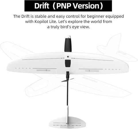 Drift FPV RC Airplane For Adults, Ultra Lightweight Sub 250g PNP Drone Plane With 870mm Wingspan, view of the white wings and body.