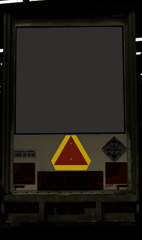 Slow Moving Vehicle Sign Durable Rust Free Aluminum Triangle With Reflective Border Orange Base 14 By 16 Inches installed on truck
