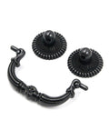 Four Pieces Bail Pull Handles Antique Vintage Hardware For Furniture Cabinets Drawers And Dressers Black Zinc Alloy Rustproof Durable 95x45mm Overall Size With 64mm Center Hole Spacing Easy To Install And Suitable For Most Furniture shown disassembled on white background.