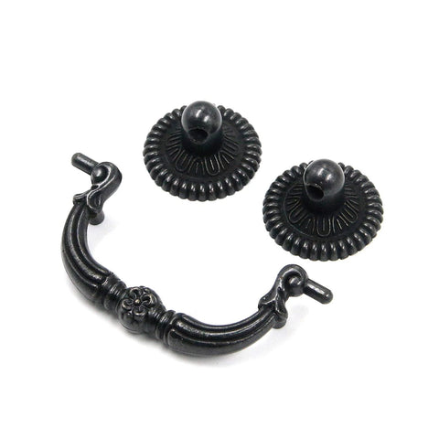 Four Pieces Bail Pull Handles Antique Vintage Hardware For Furniture Cabinets Drawers And Dressers Black Zinc Alloy Rustproof Durable 95x45mm Overall Size With 64mm Center Hole Spacing Easy To Install And Suitable For Most Furniture shown disassembled on white background.