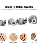 Pro Grade Six Piece Cove Router Bit Set With Quarter Inch Shank set shown with bits for laminate, MDF, hardwood, and plywood.