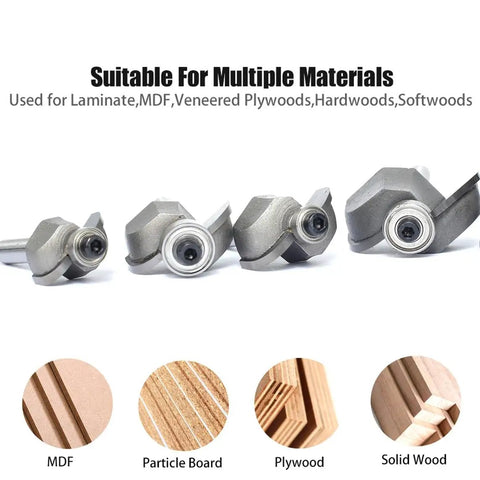 Pro Grade Six Piece Cove Router Bit Set With Quarter Inch Shank set shown with bits for laminate, MDF, hardwood, and plywood.