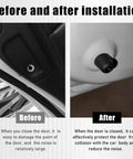 Before and after installation of heavy duty rubber car door overslam bumper stopper showing noise reduction and protection.