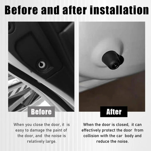 Before and after installation of heavy duty rubber car door overslam bumper stopper showing noise reduction and protection.