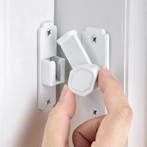 Heavy Duty White Sliding Barn Door Latch Featuring Precision 90 Degree Right Angle Lock And Quick Snap On Mount For Wood Doors in use.