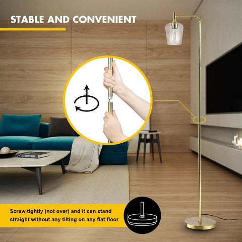 Gold Floor Lamp For Bedroom And Living Room, Industrial Tall Standing Light With Pedal Foot Switch, Farmhouse Modern Style With Champagne Glass Shade