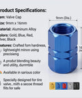 4 Piece Heavy Duty Aluminum Tire Valve Stem Caps For Tesla Cybertruck 2024 To 2026, blue anodized valve cap with detailed specifications.