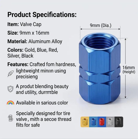 4 Piece Heavy Duty Aluminum Tire Valve Stem Caps For Tesla Cybertruck 2024 To 2026, blue anodized valve cap with detailed specifications.