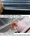 Person holding a clear plastic car cover with elastic hem, material composition visible. 4 Pack Clear Plastic Car Covers With Elastic Hem Universal All Weather Shield For Cars Up To 12.4 Feet By 21.6 Feet Lightweight Durable Protection From Rain Dirt And Dust In Garage Or Outdoor Use.