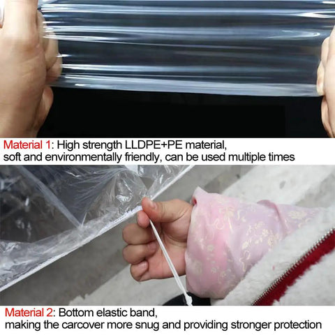Person holding a clear plastic car cover with elastic hem, material composition visible. 4 Pack Clear Plastic Car Covers With Elastic Hem Universal All Weather Shield For Cars Up To 12.4 Feet By 21.6 Feet Lightweight Durable Protection From Rain Dirt And Dust In Garage Or Outdoor Use.