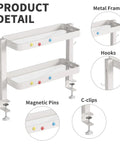 Clamp On Desk Shelf Organizer With Adjustable Two Tier Metal Rack and Four Hooks, White metal mesh with magnetic pins and C-clips