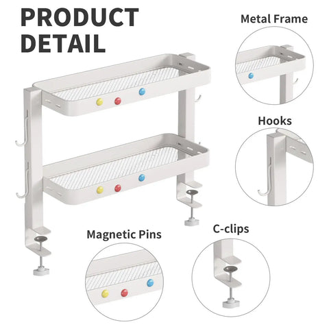 Clamp On Desk Shelf Organizer With Adjustable Two Tier Metal Rack and Four Hooks, White metal mesh with magnetic pins and C-clips