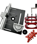 Bulletproof Router Lift Kit Featuring Heavy Duty Aluminum Base Plate With Smooth Adjustment Dial Fits All Standard 65 Millimeter Woodworking Motors displayed.