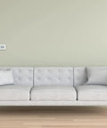 Living room with wall-mounted non programmable thermostat with backlit display and no fuss simple manual controls, precise one degree temperature control, auto heat to cool changeover, battery change reminders, white finish next to modern grey sofa and decorative plants.