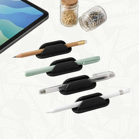 Adhesive Pencil Holder Kit Ten Pack for desk and wall with pencils and pens in black silicone holders for classroom use.