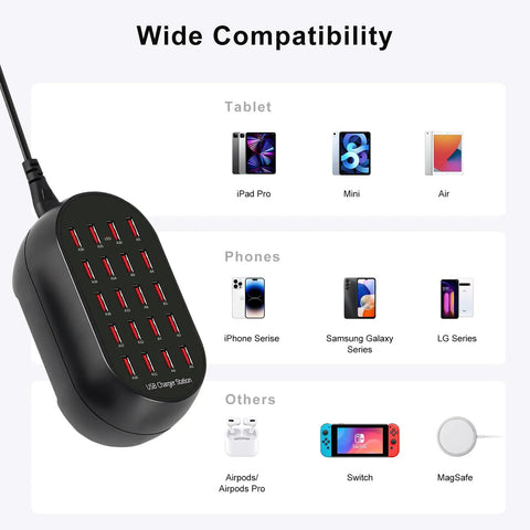 Dope 20 Port USB Charging Station With 100W Total Power Multi Device Desktop Charger Hub, wide compatibility with tablets and phones.