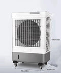 Portable Evaporative Swamp Cooler With Three Fan Speeds And Massive Water Tank, Four Wheel Rig Setup for cooling in grey and white design.