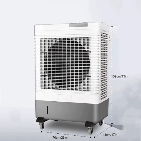 Portable Evaporative Swamp Cooler With Three Fan Speeds And Massive Water Tank, Four Wheel Rig Setup for cooling in grey and white design.
