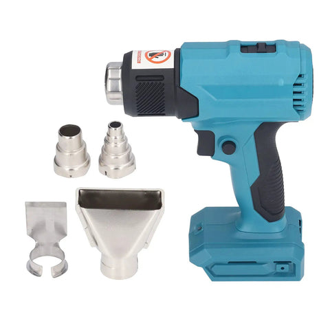 Three Gear Cordless Heat Gun with rechargeable battery and four nozzles for plastic welding shown on white background