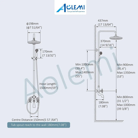 Diagram of Antique Brass Tub Shower Faucet Set With 8 Inch Shower Head Handheld Spray And Diverter Triple Function Mixer Dope Vintage Shower Fixture For Modern Bathrooms showcasing dimensions and installation details.
