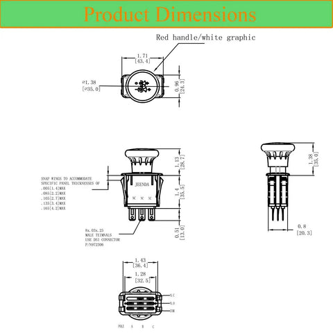Dimensions of Blade Clutch PTO Switch Replacement For Hustler Super Z And Z Series Mowers, diagram with red handle detail