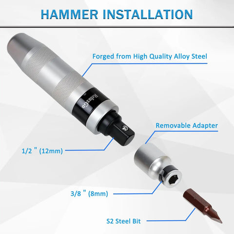 Half Inch Hand Manual Impact Driver Set With Reversible Hammer And Twelve Piece Slotted Phillips And Hex Bit Collection