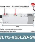 Diagram of Multi Stage High Vacuum Generator With Big Flow And Strong Suction For Industrial Use Heavy Duty Performance ZL112 K25LZD GN