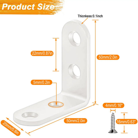 8 Pcs White L Bracket Corner Mounts 2 By 2 Inch Heavy Duty 304 Stainless Steel Shelf Supports with size dimensions