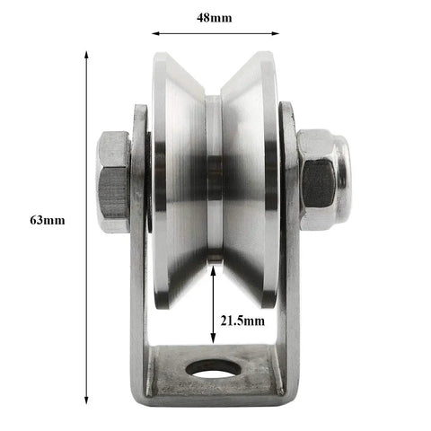 Heavy Duty Stainless Steel V Groove Pulley With Bearing, 48mm diameter, 63mm length, for smooth sliding track rails.