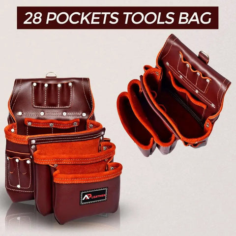 Premium Oil Tanned Leather Tool Belt And Pouch Set For Carpenters Pro Grade Heavy Duty 28 Pocket Maroon Tool Belt with pockets