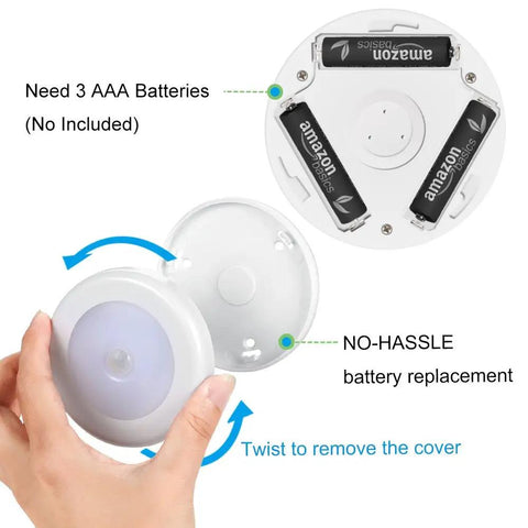 Upgraded 3.15 Inch Motion Sensor LED Night Light Cordless Battery Operated Stick On for Closet Stairs showing battery compartment