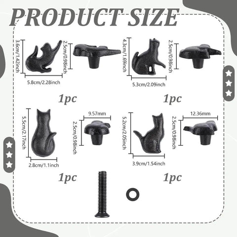 Vintage Cat Drawer Knobs Set Of 4 Black Iron Cabinet Handles with size details for kitchen cabinets and furniture