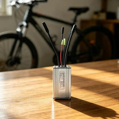 Top Tier 36V Or 48V Ebike Controller Upgrade For Brushless Motors With Smooth Sine Wave Tech, 500W Power And 22A Peak Current For Serious Riders silver aluminum e-bike controller with wiring leads on table