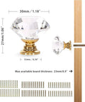 Diagram showing 30mm gold diamond crystal knobs with installation guide, part of the 25 Piece Diamond Crystal Glass Cabinet Knob Set 30mm Gold Pull Handles For Cupboards Drawers Dressers Bookcases Wardrobes Premium Aluminum Core Rust Resistant Easy Install.