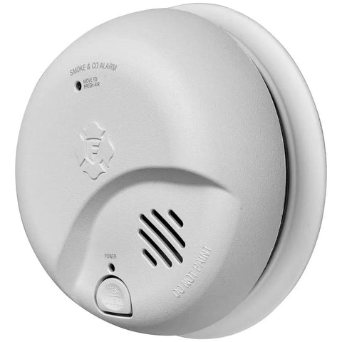 No Sweat Setup 12 Pack Hardwired Smoke And Carbon Monoxide Detector Combo featuring a round white unit with test button and alarm indicators.