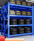 Heavy Duty Four Tier Steel Shelving Unit Bolt Free Assembly Garage Workshop Utility Storage Rack For Tools Pantry Organization features blue steel frame with tires and storage boxes.