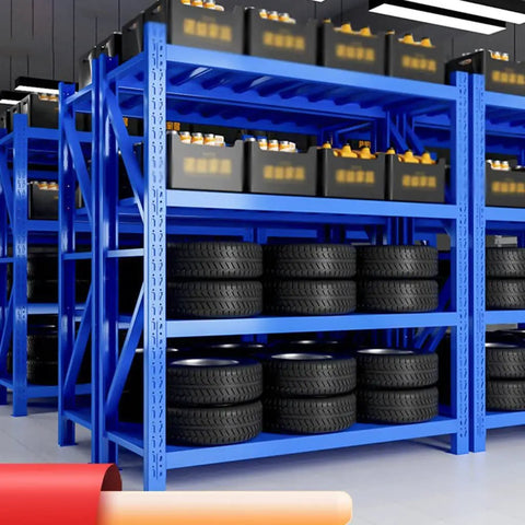 Heavy Duty Four Tier Steel Shelving Unit Bolt Free Assembly Garage Workshop Utility Storage Rack For Tools Pantry Organization features blue steel frame with tires and storage boxes.