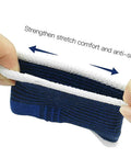 Hands stretching Kids Compression Ankle Sleeve For Sprains And Tendonitis Knitted Ankle Brace showing stretch and anti-slip features