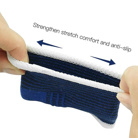 Hands stretching Kids Compression Ankle Sleeve For Sprains And Tendonitis Knitted Ankle Brace showing stretch and anti-slip features