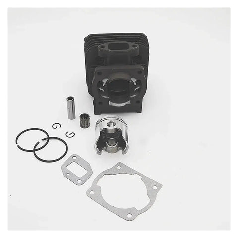 Thinking Process: 44mm engine repair kit with cylinder, piston, rings, bearings, gaskets and clips on white background
