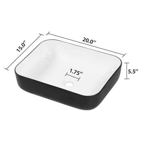Rectangular Vessel Sink Dope Black And White Finish, 20 By 15 Inches, Above Counter Ceramic Porcelain Vanity Basin, side view