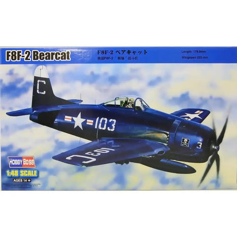 Box cover of F8F2 Bearcat One Forty Eight Scale Model Kit With Two Piece Canopy External Stores Including Two Bombs Four Rockets