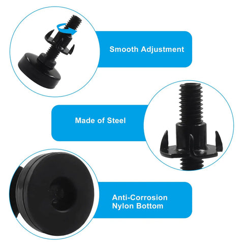 12 Pack Adjustable Furniture Feet Heavy Duty Levelers With Three Eighths Inch 16 UNC Thread showing steel, nylon base, and adjustability.